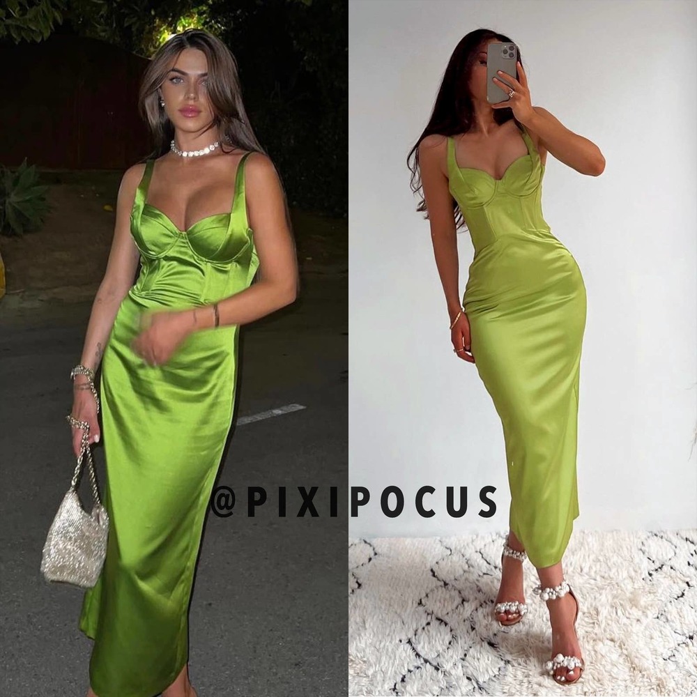 ZARA SATIN BUSTIER CORSET MIDI DRESS LIME GREEN